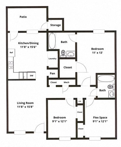 Floor plan for 2 beds, 2 baths, 1094 sqft